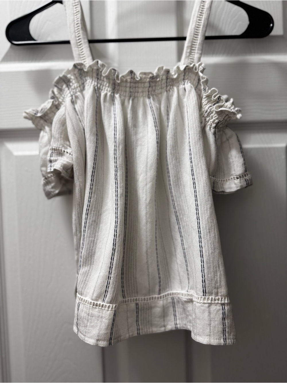 Forever 21 White Cold ShoulderTop with Navy Pinstripes